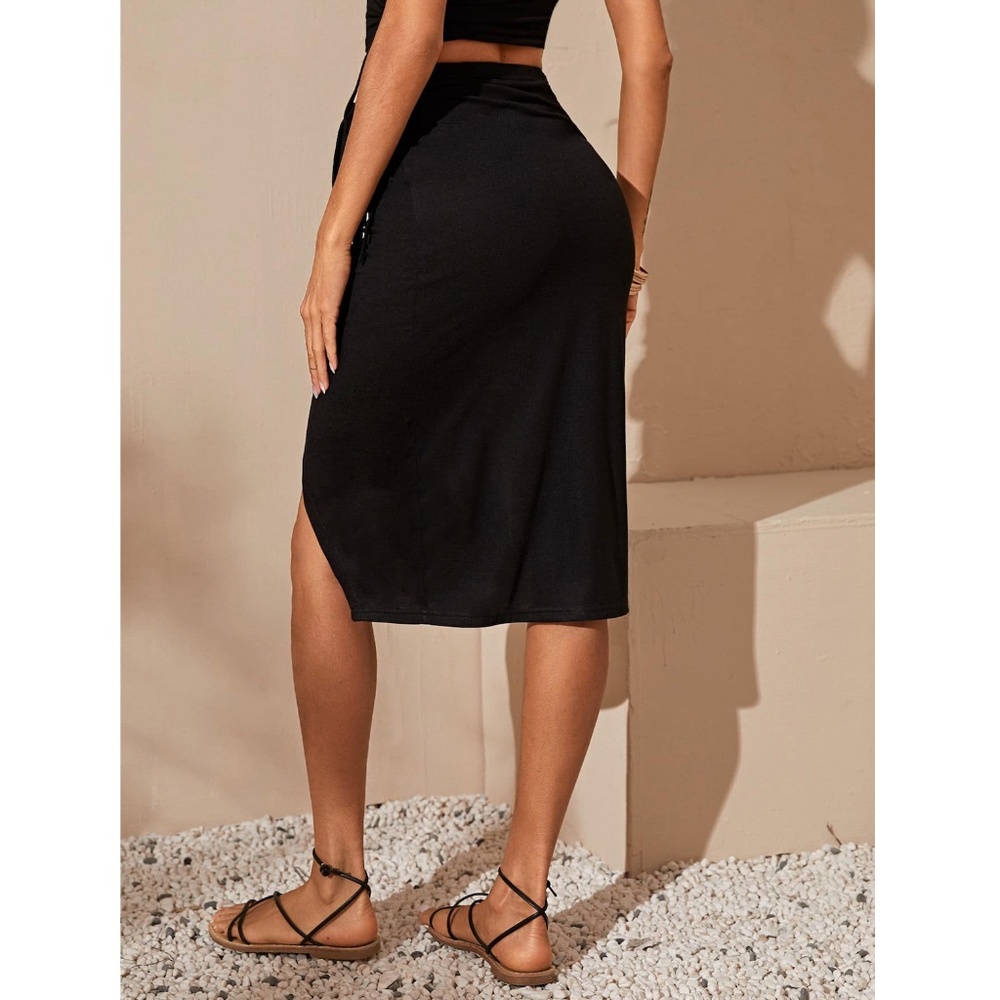 Wrap Asymmetrical Tie Side Black High Waist Skirt - Picture 3 of 7